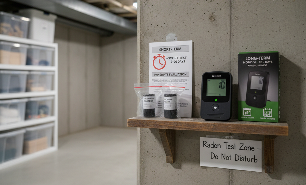 Both short-term and long-term radon test kits displayed on a shelf in a basement.
