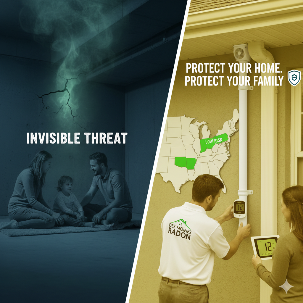 Family near radon gas in a basement vs. technician installing an outdoor radon mitigation system with a map showing risk zones.
