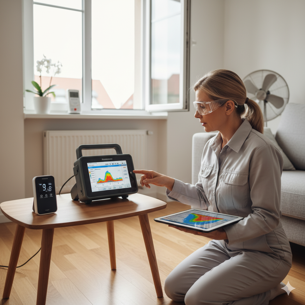 A technician using professional electronic equipment and a tablet to perform an accurate radon level test inside a home.