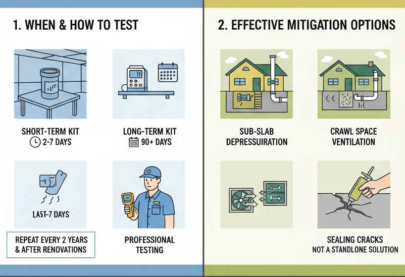 Infographic detailing radon testing options (kits/professional) and mitigation methods (sub-slab depressurization, crawl space ventilation, sealing).