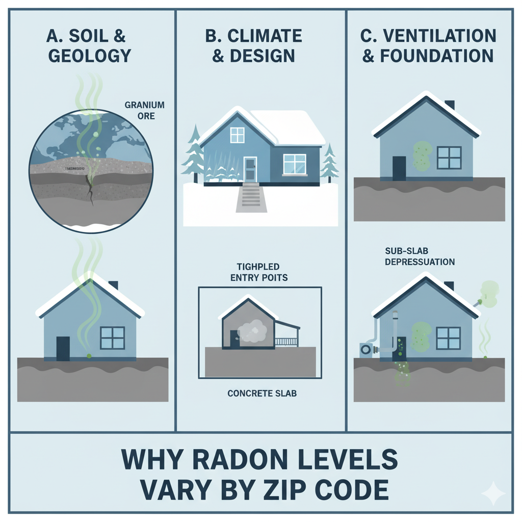 Infographic showing soil composition, building climate, and foundation type as key factors for differing radon risks by zip code.