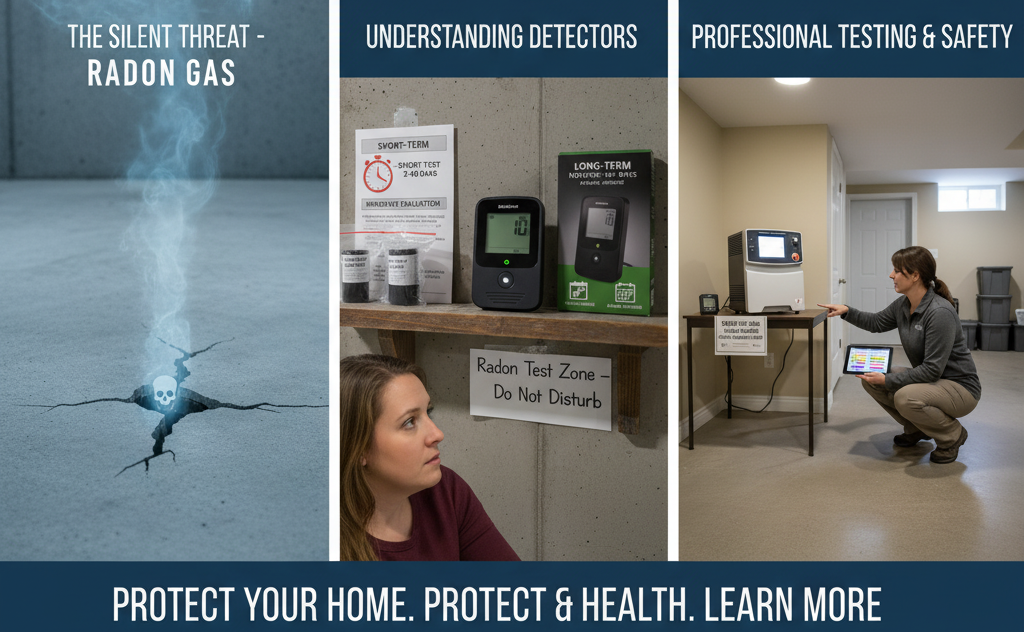 Three-panel image depicting radon gas risk, different types of home radon detectors, and professional radon testing practices.