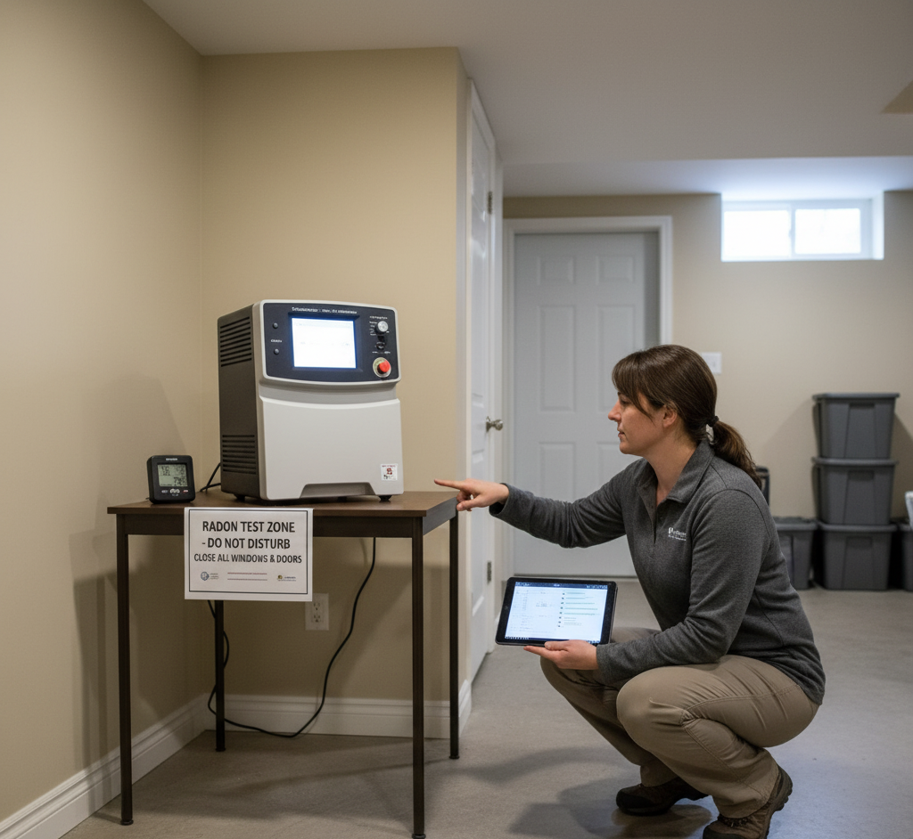 A professional conducting radon testing in a home basement, adhering to best practices with specialized equipment and a 'Radon Test Zone' sign.